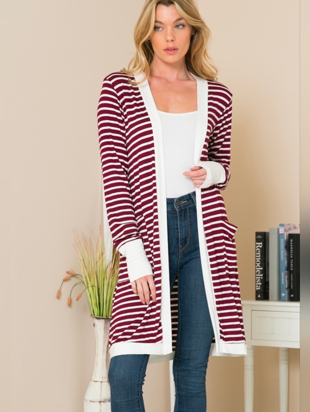 HEIMISH USA Maroon and White Striped Open-Front Cardigan